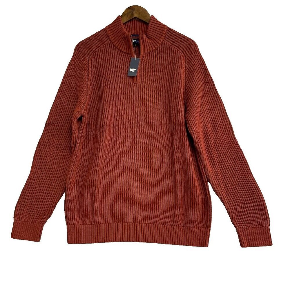 NEW Lands' End Drifter Men's L Ribbed Cotton Sweater Rust Red Mock neck -67 - Picture 1 of 13